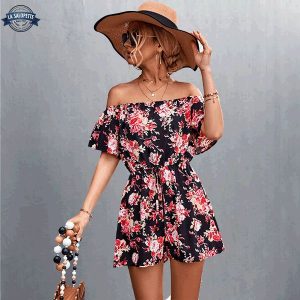 combishort noire camélia fleuri