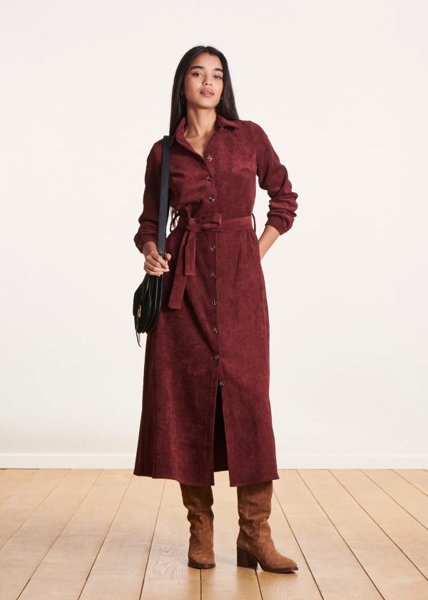 robe chemise longue bordeaux en velours