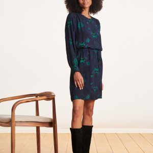 robe courte droite à imprimé bleu et vert
