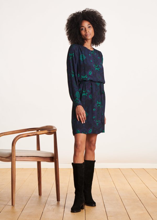 robe courte droite à imprimé bleu et vert