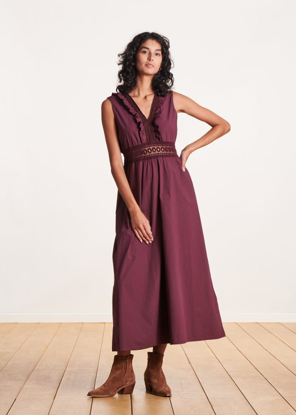 robe longue aubergine sans manches en coton