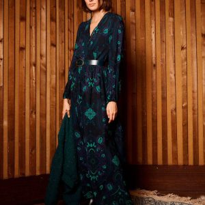 robe longue cache-cœur à imprimé bleu et vert