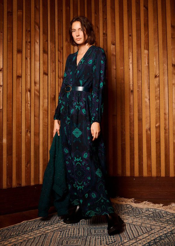 robe longue cache-cœur à imprimé bleu et vert