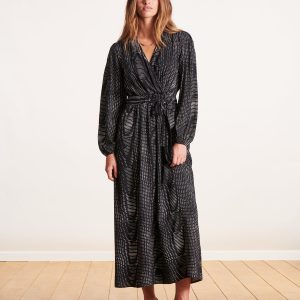 robe longue cache-cœur noire à imprimé