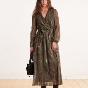 robe longue cintrée cache-cœur voile kaki irisé