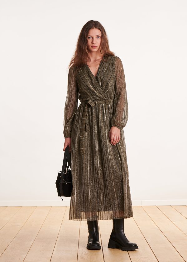 robe longue cintrée cache-cœur voile kaki irisé