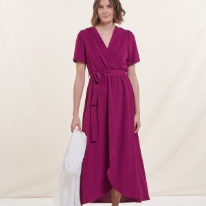 robe longue faux portefeuille violette manches courtes