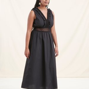 robe longue noire sans manches en coton avec dentelle