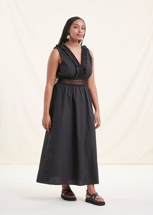 robe longue noire sans manches en coton avec dentelle