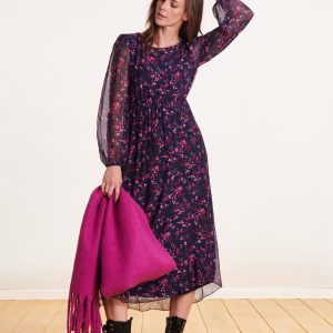 robe mi-longue en voile imprimé à fleurs bleu et violet