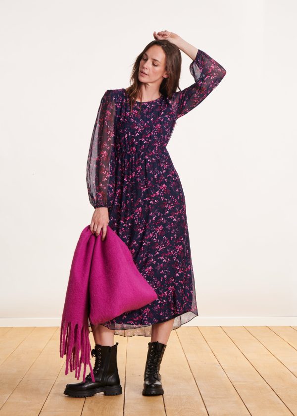 robe mi-longue en voile imprimé à fleurs bleu et violet