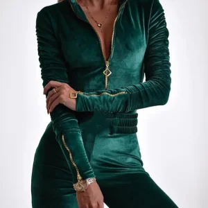 Combinaison femme velours verte avec fermeture